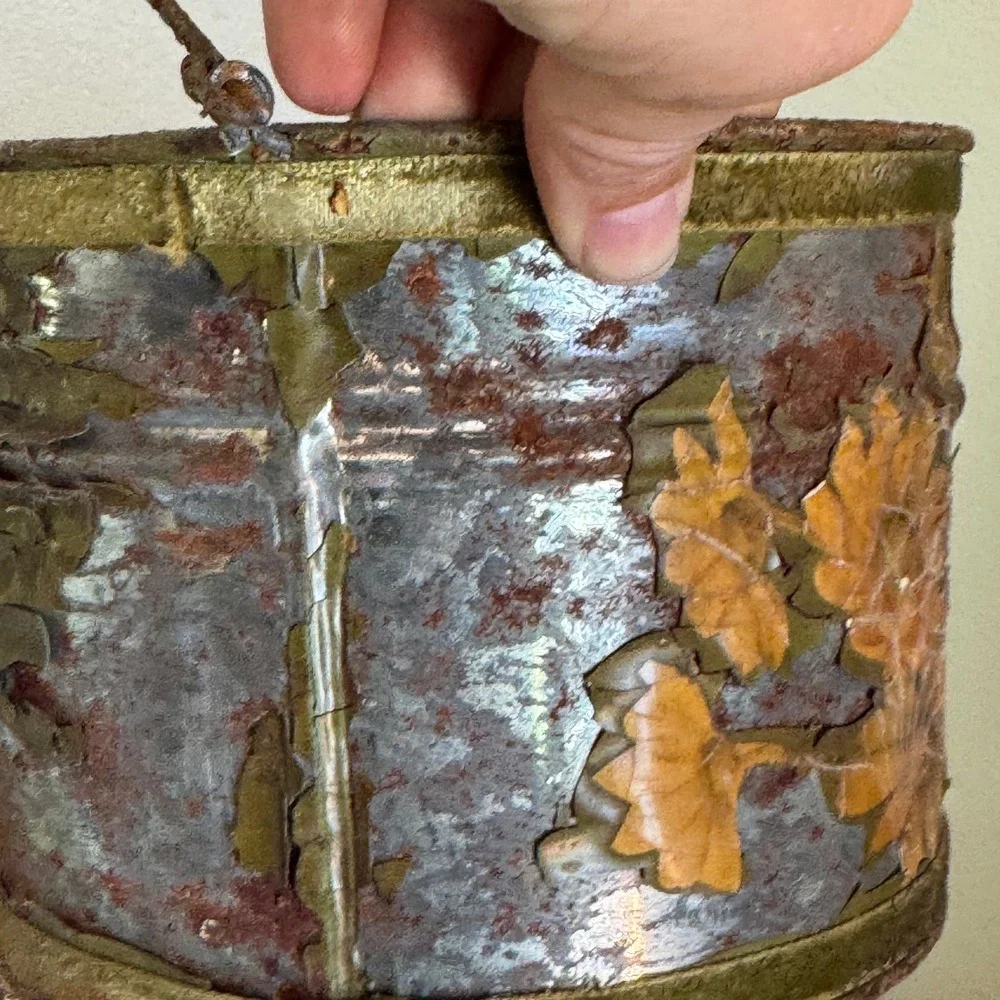 Vintage Primitive Metal Bucket Floral Tin Gingham Lined Rustic Farmhouse Decor